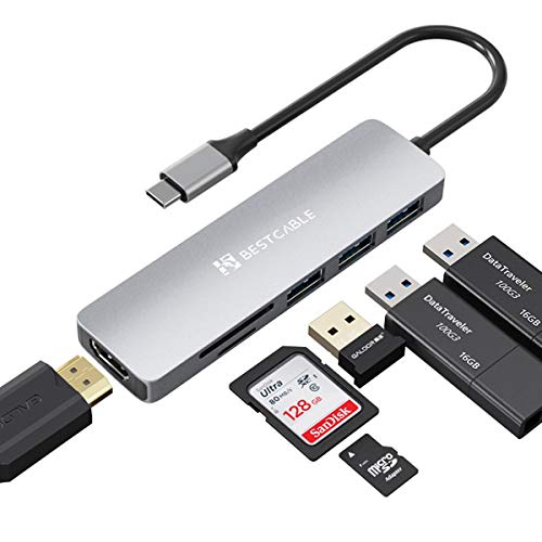 BEST CABLE Adaptador multipuerto USB C Hub – 6 en 1 portátil con salida HDMI 4K, 3 puertos USB 3.0, lector de tarjetas SD/TF, compatible con MacBook, XPS More dispositivos USB C