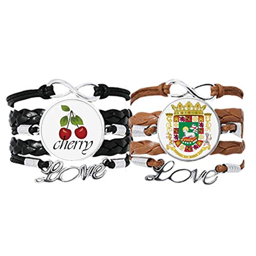 Bestchong Puerto Rico - Pulsera con emblema nacional, correa de mano, cuerda de cuero, pulsera de amor de cereza, juego doble