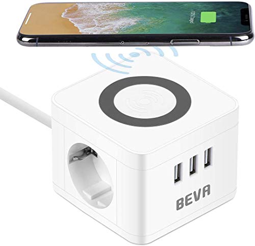 BEVA Regleta Enchufes , Enchufes de 2 Tomas Corrientes y 3 USB Tomas, Regleta Power Cube de Corriente de Alimentación Que Admite Carga Inalámbrica Cable de 1.5M, 2500W / 10A