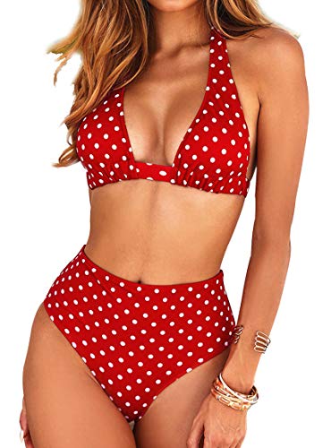 Bikini de Mujer Conjunto de 2 Piezas de Cuello Halter Traje de Baño de Estampado Floral de Cintura Alta para el Verano