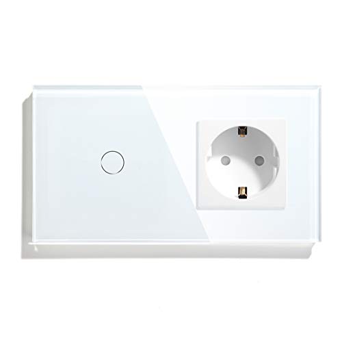 BSEED Interruptor de luz de pared táctil y panel de vidrio con toma de corriente AC 157mm*86mm 1 Gang 1 vía Blanco