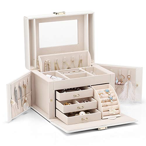 Caja de joyas Vlando de piel sintética, organizador con espejo, almacenamiento para collar, anillo, caja para guardar, regalo de cumpleaños, regalo de boda, Blanco, White-Cross Pattern