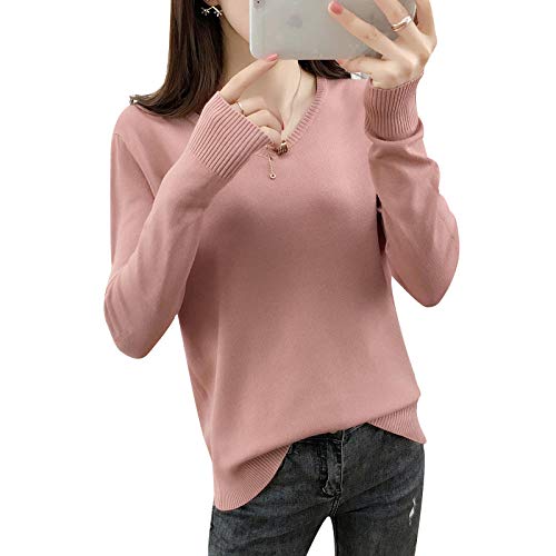 Cárdigan de Mujer Deportes al Aire Libre Suéter con Cuello en v cálido Suéter de Color Puro Salvaje de la Moda Sra. Camiseta de Jersey-XL (55-60 kg) Adecuado para Peso_Rosa