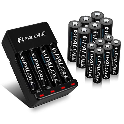 Cargador de batería AA/AAA de 4 bahías Palo con 8 baterías Recargables AA 600mAh y 8 baterías Recargables AAA 300mAh (Incluye Estuche de batería)