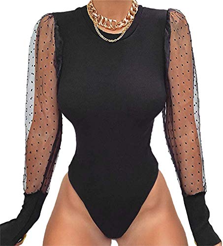 Carolilly Body de mujer de manga larga, elegante, sexy, con manga de malla, transparente, traje ajustado para mujer, blusa de mujer, a la moda, color liso Negro M