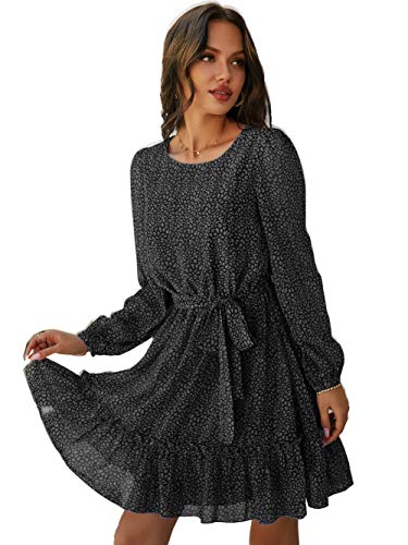 CARPDUT Mujeres Sueltas de la Gasa, el Cuello Redondo, Las Mangas largas, los Vestidos de Falda Cortos de Cintura Alta, Vestidos de Fiesta Casuales (Color : Black, Size : X-Large)