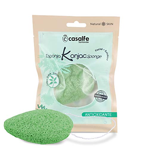 Casalfe Esponja Natural Facial Konjac 100% Biodegradable para Exfoliación Suave - Contiene Té Antioxidante, Verde