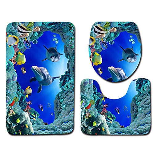 Chennie 3 unids/Set Ocean Style Underwater World Dolphin Carpe Inodoro 3D Dolphin Print Baño Alfombra Set