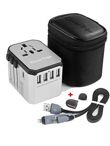 CleverTrips™ Adaptador de viaje universal todo en uno, cargador internacional, enchufe de viaje con 5,6 A Smart Power USB y 3,0 A USB tipo C para Estados Unidos, UE, Reino Unido (plateado)