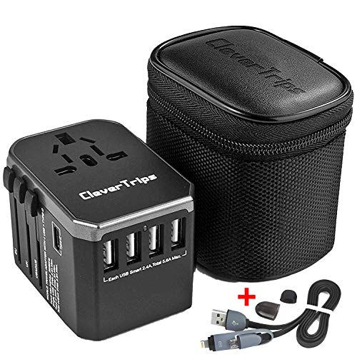 CleverTrips™ Adaptador de viaje universal todo en uno, cargador internacional, enchufe de viaje con 5,6 A Smart Power USB y 3,0 A USB tipo C para Estados Unidos, UE, Reino Unido (negro)