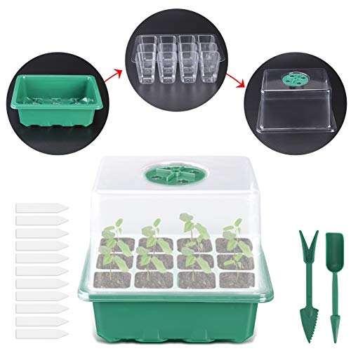 CNNIK Bandeja Semillas, 4 Piezas Bandeja de Germinacion para Semillas con Tapa, Etiqueta de Planta y Herramienta, Plántulas Bandejas para Crecimiento de Plantas y Cultivo en Invernadero (12 Celdas)