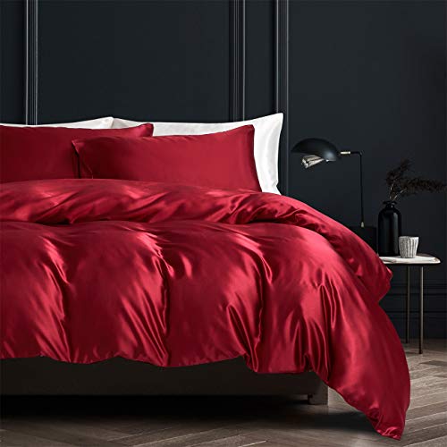 Damier Ropa de cama 135 x 200 rojo vino satén juego de funda nórdica monocolor de alta calidad Deluxe satén funda nórdica con cremallera y funda de almohada 80 x 80 cm