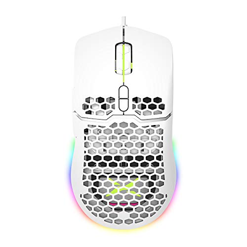 DeLux Ratón para videojuegos, 16,8 millones de colores RGB 7200 DPI programable ergonómico para PC portátil 7 botones, 67 g, peso ligero (blanco)