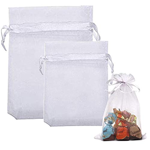 Derbway 60 Piezas Bolsas de Regalo de Organza, Bolsas con Cordón para Favores de Fiesta de Boda,Bolsas de Joyas y Regalo, 10 * 15CM/13 * 18CM, Blanco