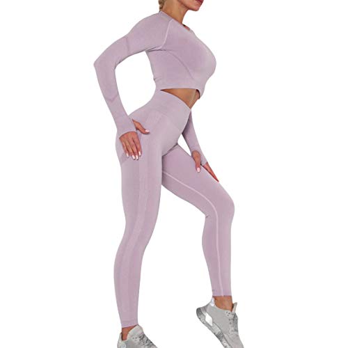 Dihope Conjunto Deportiva para Mujer 2 Piezas Top Corto de Manga Larga de Running Pantalones de Cintura Alta Elásticos Leggings de Fitness sin Costuras para Yoga Gimnasio Trotar，Lila，L