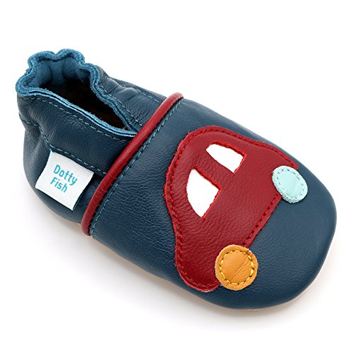 Dotty Fish Zapatos de Cuero Suave para bebés. Antideslizante. Coche Azul Marino y Rojo. 12-18 Meses (21 EU)
