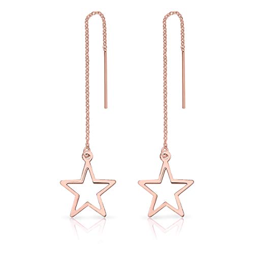 DTPsilver® Aretes/Pendientes Pequeños de Plata de Ley 925 Chapado en Oro Rosa - Cadena con Estrella Recortada - Longitud 84 mm - Dimensión: 14 x 17 mm