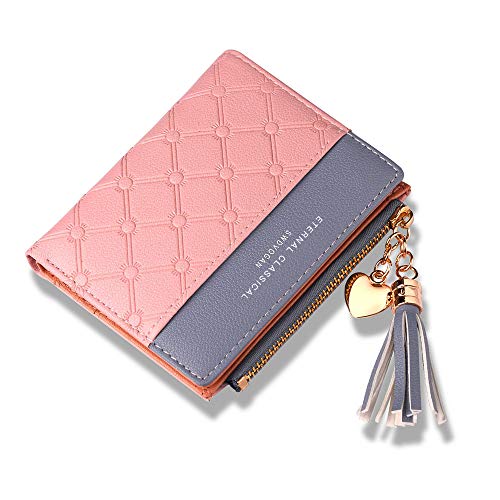 DXIA Cartera Corta Mujer, Mujer Cartera de Cuero, Billetera Corta de Las Señoras con Cremallera Billetera Bolso Pequeño, Tassel PU Cuero Monedero Tarjetero Mujer con Metal en Forma de Corazon