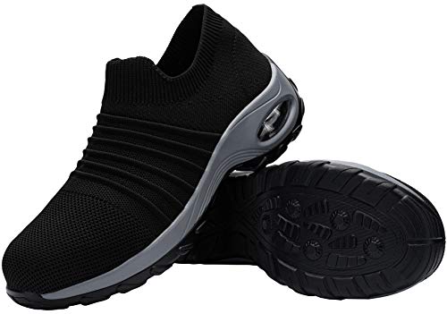 DYKHMILY Zapatillas de Seguridad para Mujer Ligeras, Zapatos de Trabajo con Punta de Acero Slip-on Comodo Respirable Calzado de Seguridad(Negro Gris, 38.5EU)