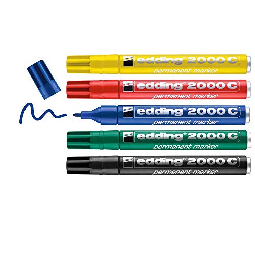 Edding 2000C - Rotulador permanente (rojo, azul, verde, amarillo, negro, estuche de 5, punta redonda de 1,5 a 3 mm, secado rápido, resistente al agua y al roce, para cartón, plástico, madera, metal