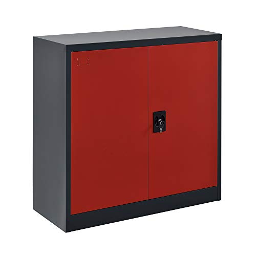 [en.casa] Armario de Oficina 90 x 40 x 90 cm Archivador con Cerradura y 2 Puertas 2 Estantes para Almacenar Organizador Rojo y Gris Oscuro