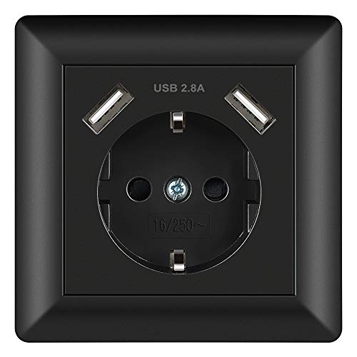 Enchufe Negro 2.8A Schuko Enchufe de pared con USB Toma Corriente pared Enchufe Empotrado Superficie para Cocina, Dormitorio, Oficina, Hotel, etc