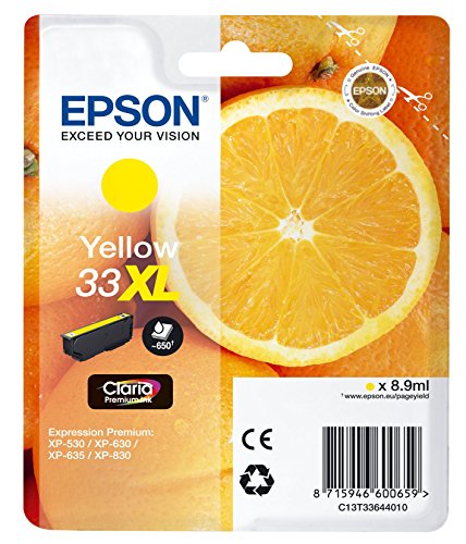 Epson Claria Premium 33 - Cartucho de tinta amarillo XL 8,9 ml válido para los modelos Expression Premium XP-530, XP-540, XP-630, XP-830, XP-900 y otros, Ya disponible en Amazon Dash Replenishment