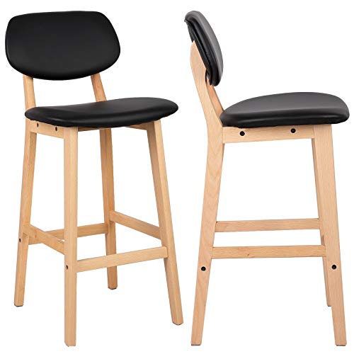 eSituro 2X Taburete de Bar Juego de 2 Silla de Cocina Asiento Tapizado con Respaldo Taburete Alto Cuero de Imitación Patas Madera para Cocina, Bar, Salon Negro