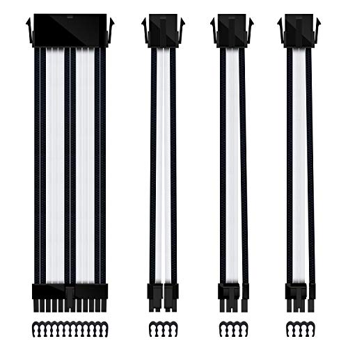 EZDIY-FAB - Extensión de cable para PSU (nailon flexible trenzado con kit de peine de 24 pines/8 pines a 6 + 2 pines/8 pines a 4 + 4 pin-30 cm, 300 mm), color negro y blanco