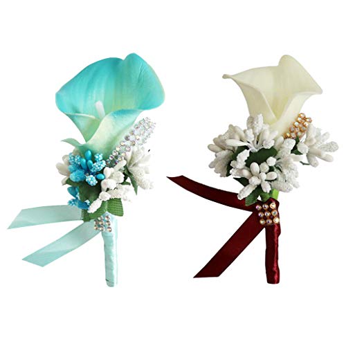 F Fityle Ramillete de Flores de Lirio de Cala, Muñeca Ramillete para Novias Novios, Boutonniere de Boda Aniversario Colores Seleccionables - Blanco + Rojo + Azul