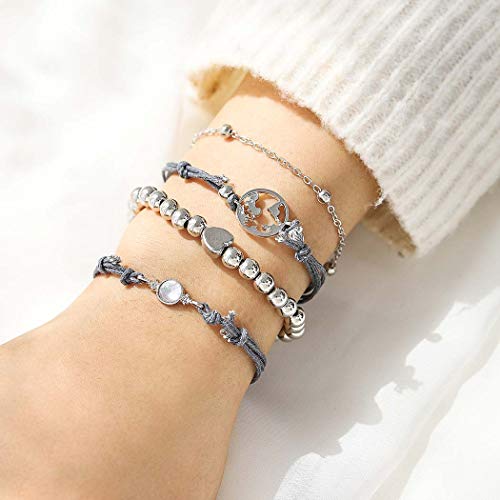 Fairvir Pulsera bohemia con forma de corazón gris, cadena de mano con cuentas para fiesta, mapa de playa, accesorios para mujeres y niñas (4 unidades)