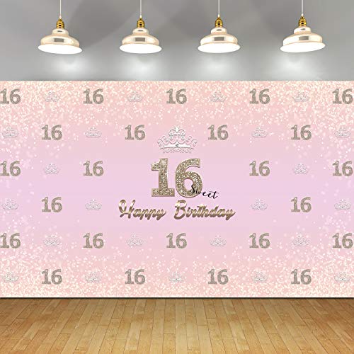 Feliz cumpleaños 16 Fiesta telón de Fondo Banner Suministros de decoración, Cartel de Letrero de Tela para Feliz 16 cumpleaños Fiesta fotomatón Fondo fotografía Fondo Banner