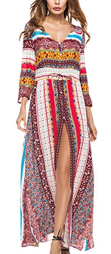 FEOYA - Vestido Boho Mujer Largo para Playa Verano Vacaciones con Mangas Largas Cuello V Diseño Dobladillo Abierto Elegante Moderno Floral - Rojo - XL (Busto:98cm)