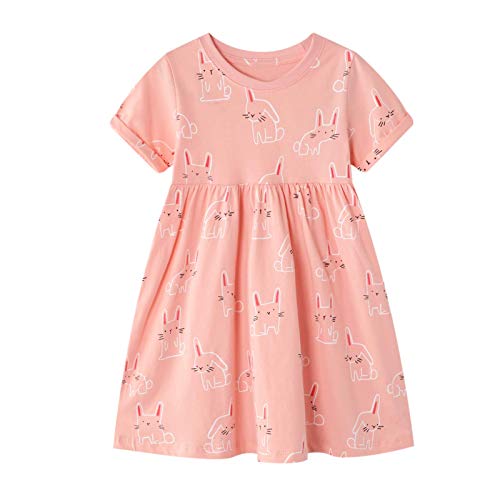 FILOWA Vestidos para Niña Rosado Algodon Manga Corta Verano Baratos Casual Vestidos Conejo Animals Estampados Infantil Bebés Niña Camiseta Ropa 5 6 años