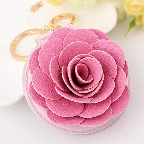 FMEZY Cadena dominante del Coche Corea Encantadora Flor de Cuero Bola de Pelo Espejo de Regalo Sra. Cadena Clave Creativa Paquete Empaquetado deducción, Flor Rosa Espejo 3621