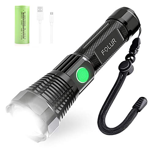 FOLUR Linterna LED recargable, 20000 lúmenes, linterna táctica LED con batería 26650, 4 modos de zoom resistente al agua, linterna de mano recargable por USB para exteriores o caseras de emergencia