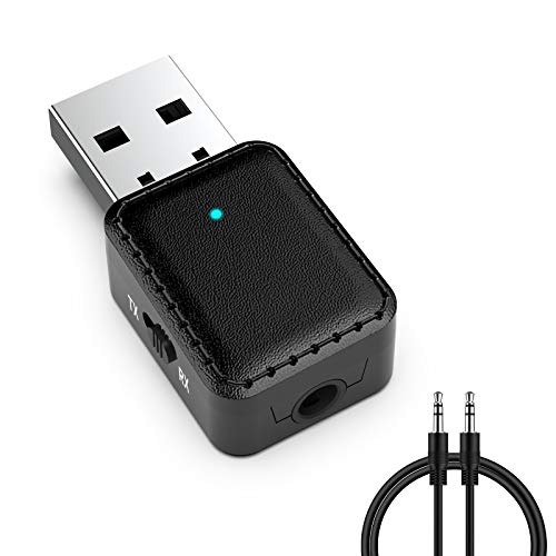 Foncent Adaptador Bluetooth 5.0 USB, Transmisor Receptor Bluetooth 2 en 1 con Audio Inalámbrico 3.5mm Cable para PC/TV/Auriculares/Altavoces/Radio/Portatil, Compatible con Windows 10, 8, 8.1,7, XP