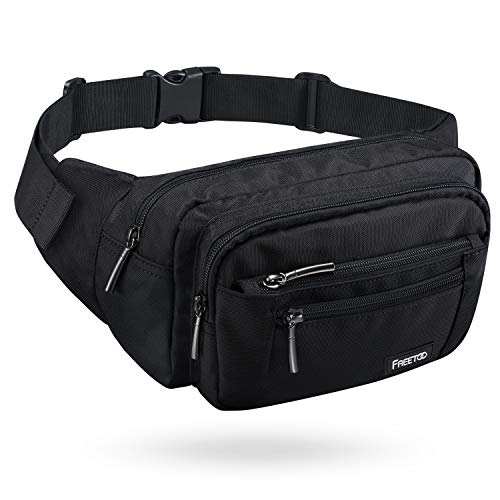 FREETOO Riñonera de Marcha Riñonera Casual Bumbag Multifuncional Con 5 Bolsillos con Cremallera para móvil para Viaje Senderismo y Actividades al aire libre Para mujeres y hombres Ajustable (Negro)