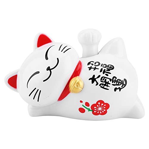 FTVOGUE Energía Solar Maneki Neko LuckyCat Fortuna Bienvenida Agitando el Brazo Paw Up Perezoso Acostado Riqueza Fortuna Gato Hogar Tiendas Coche Feng Shui Decoración Blanco(01)