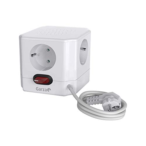 Garza Power - Base múltiple Cubo de 4 tomas Schuko con Interruptor, cable 1.5mm x 1.5 Metros, color Blanco