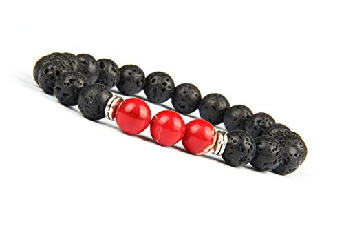 Good.Designs ® Pulsera de Perlas Chakra Fabricada de ónix y Piedra volcánica (Pulsera de Yoga) Pulsera de energía Negra con Colorida Perla de Jaspe para Damas y Caballeros (Mundo - Rojo)