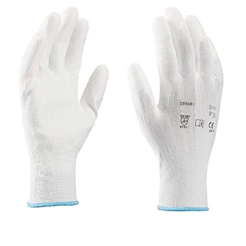 Guantes de trabajo (12 pares) - Guantes antideslizantes sin costura - Cómodo de usar, ideal para reparaciones, industria automotriz, acabado, servicio de coche, taller (9, Blanco)