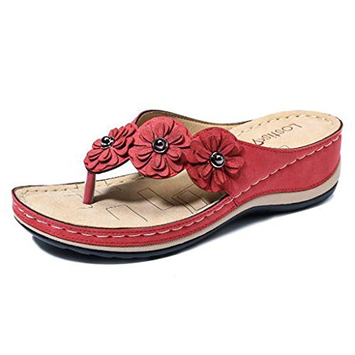 GUOIOOI Sandalias de Punta Abierta para Mujer con cómodo Soporte de Arco, Chanclas, Tanga, Verano, Playa, Viajes, cómodos Zapatos de Plataforma (Color : Red, Size : EUR43/US10.5)