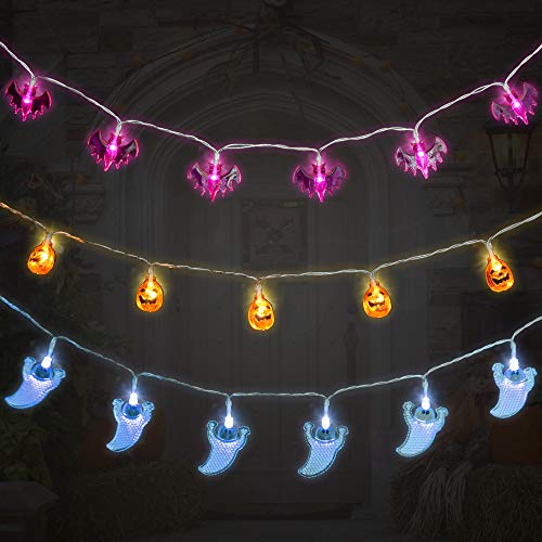 Halloween Guirnalda Luces, 3 Piezas 30 LED Cadena de Luces a Batería, Calabazas naranjas, murciélagos morados, fantasmas azules Lámpara para Decoración luces de hadas de fantasmas de Halloween