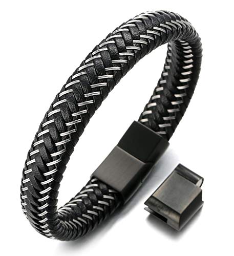 Halukakah Plus ● Jazz ● Pulsera Hombre Cuero Genuina Cierre Magnético Titanio Acero Inoxidable 8.5"-9"(21.5-23cm) con CajaDeRegaloGRATIS