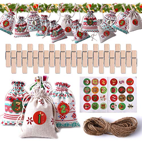 Herefun Set de 24 Bolsas de Yute Calendario de Adviento, Bolsa de Regalo Navidad Bolsas de Lino Bolsa para Calendario de Adviento Calendario Navideño Calendario de Adviento Casero