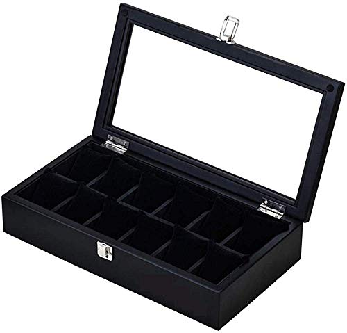 HJ Inicio Caja de reloj Cajas de joyería Hombre Viaje Mujer Regalo Vintage Cubierta de madera con techo corredizo de vidrio Caja de almacenamiento de 12 paquetes 37 * 19.7 * 7.6Cm,Negro Sin Palabras