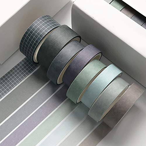 HvxMot Cintas Washi Tape, 8 Rollos Washi Masking Tape Set, Washi Rainbow 3m Cada Rollo, con 1 Caja, para Bricolaje, Decorativo, Diario, Envoltura, Calendarios (Ancho: 10mm, 15mm, Bluestone)