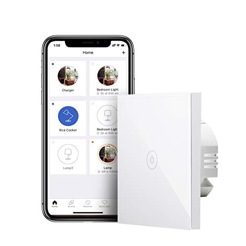 Interruptor de Pared Wi-Fi, 1 Vía, 1 Canal, con Pantalla Táctil, Pulsador de Cristal. Compatible con Alexa, Google Assistant y SmartThings. meross. (Se Requiere un Cable Neutral)