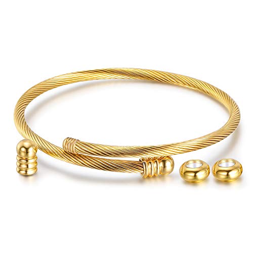 Inveroo Brazalete De Cable Elástico Unisex Brazalete De Acero Inoxidable Tornillo De Pulsera con Tapón De Extremo Extraíble Brazalete Trenzado Cuentas De Encanto para Joyería De Bricolaje Oro